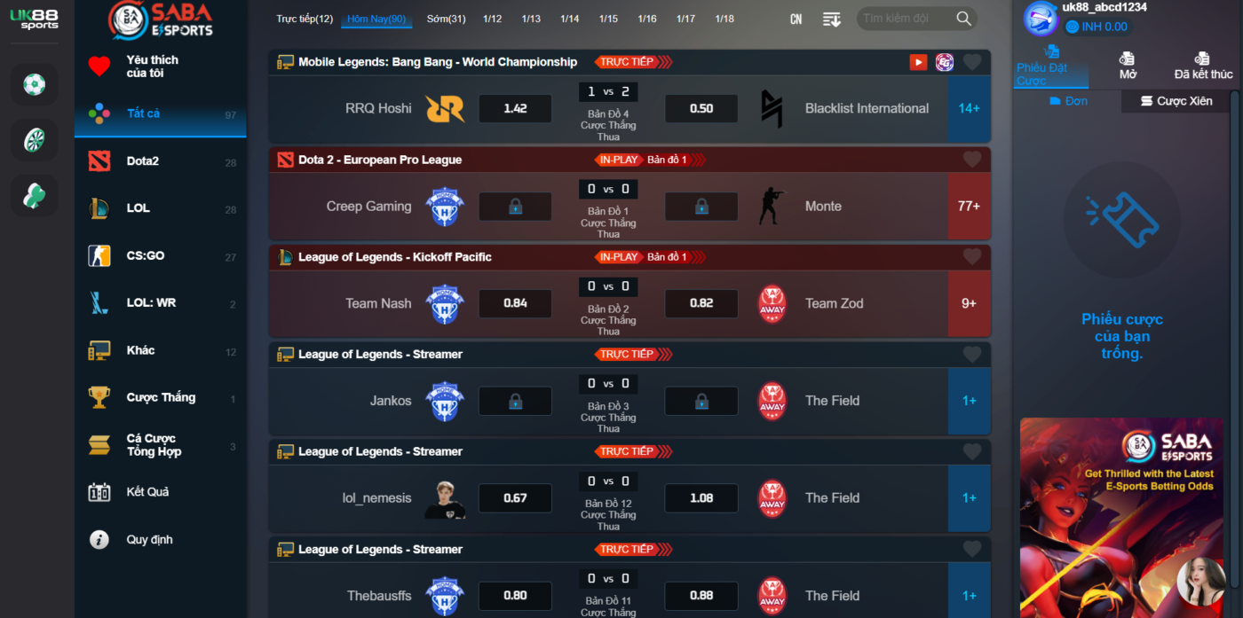 Cá cược Esports tại UK88