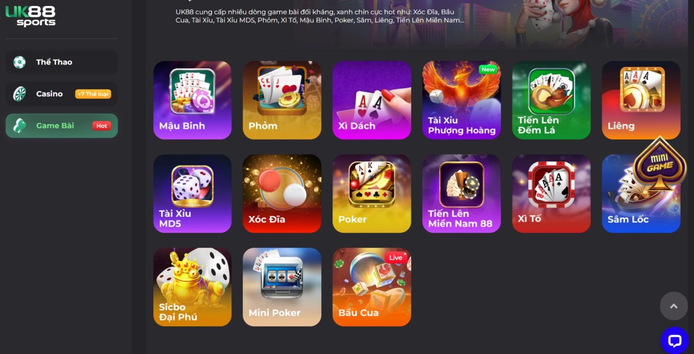Hệ thống game bài siêu hấp dẫn tại nhà cái uk88